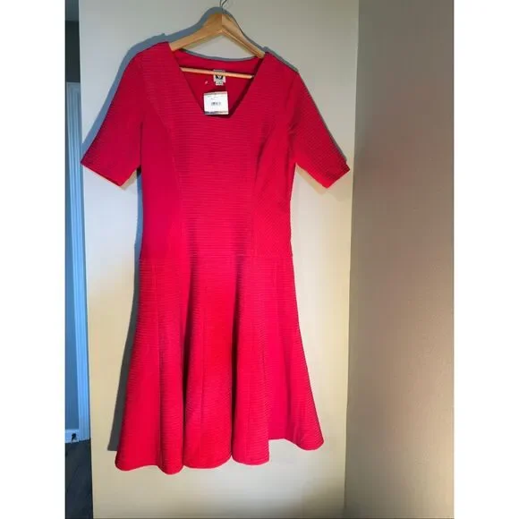 Anne Klein Size 12 Short Sleeve Knee Length Skater Dress Strawberry Red Textured - Picture 3 of 8